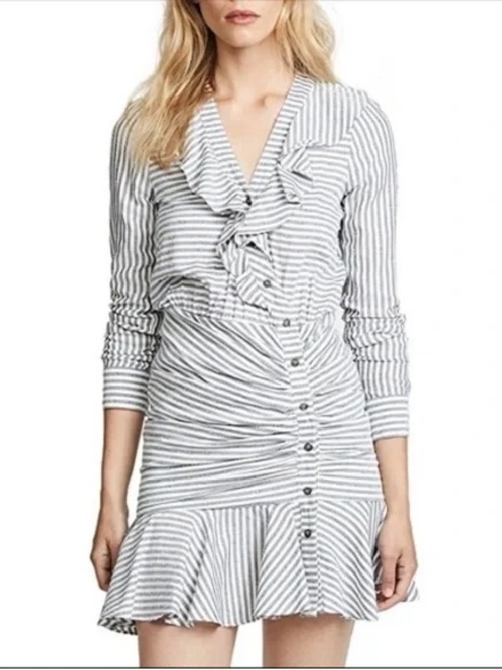 Veronica Beard White and Gray Striped Ruffle Button-Front Midi Dress
